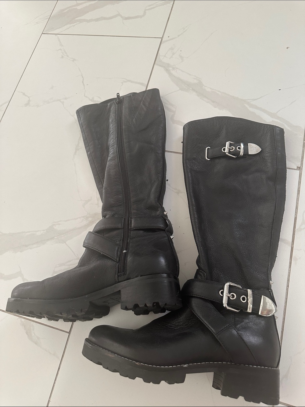 Marc Fisher LTd black knee-high moto/biker boots Pebbled Leather size 7